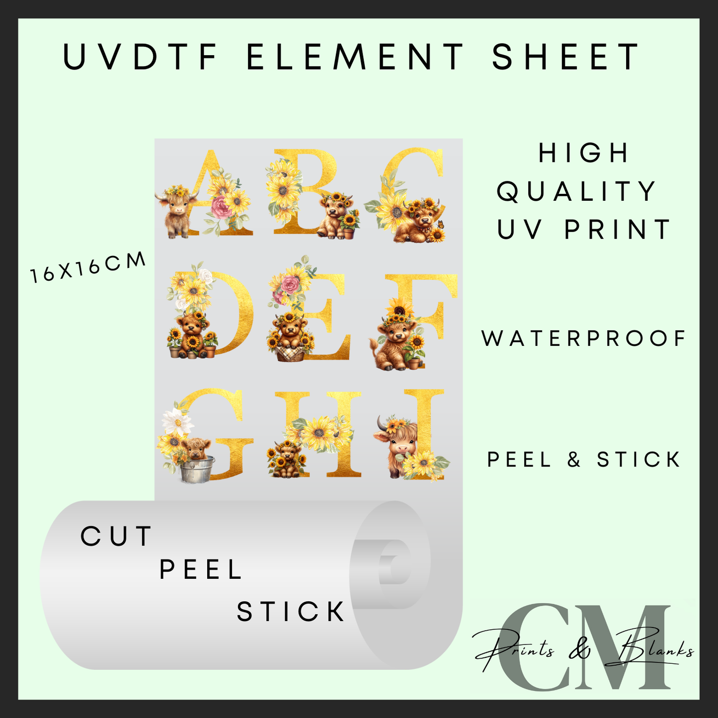 Highland cow alphabet Uvdtf element sheet