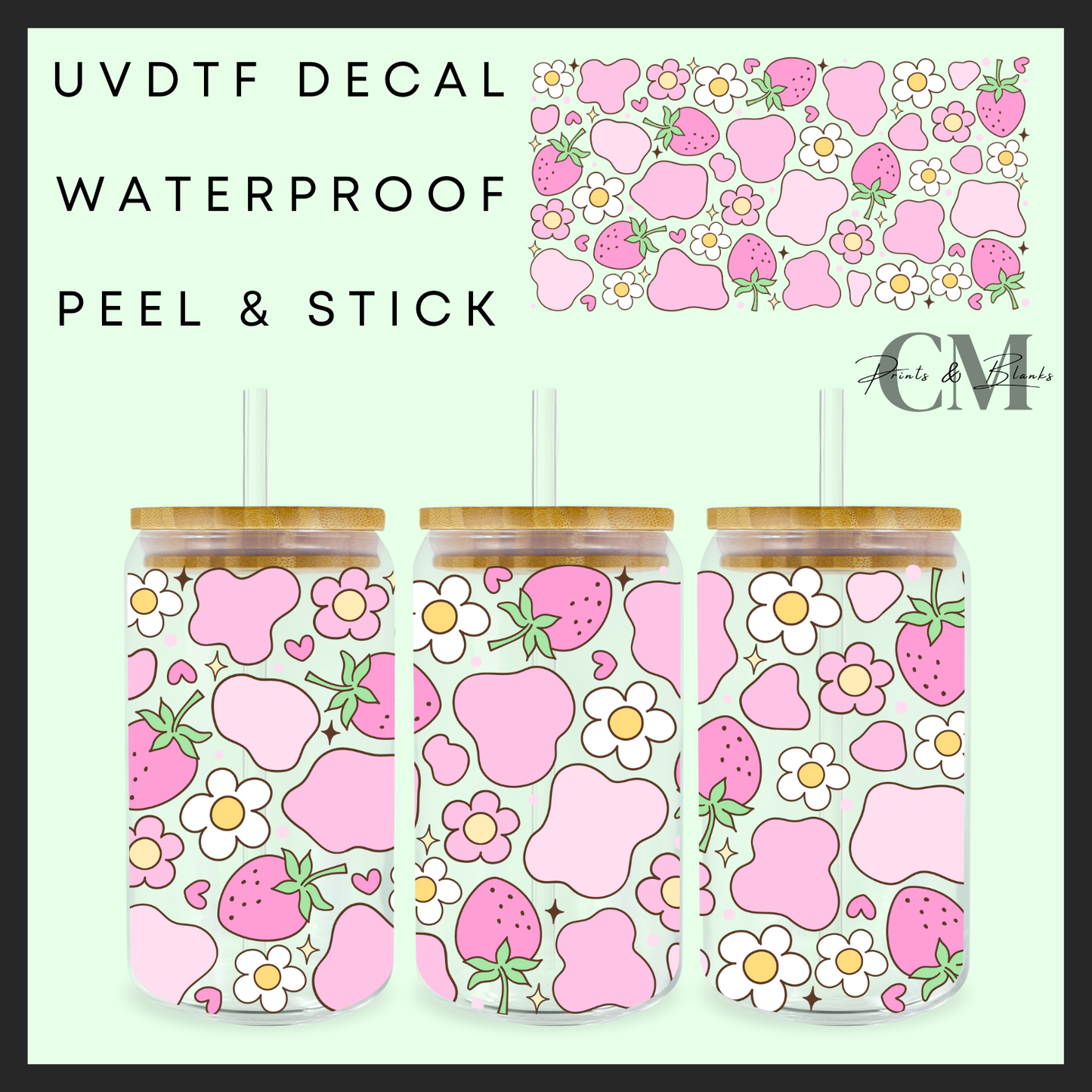 Pink strawberry cow print 16oz uvdtf wrap