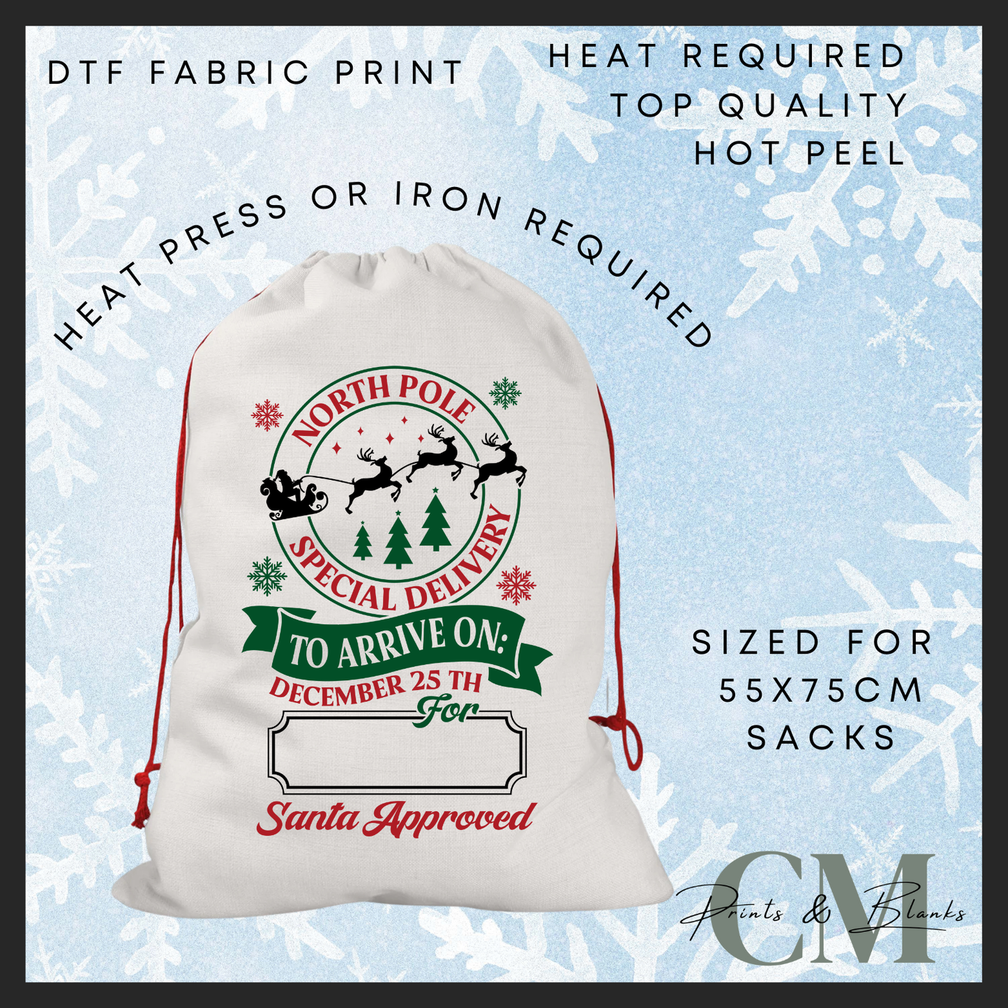 Circle logo North Pole DTF Santa sack transfer