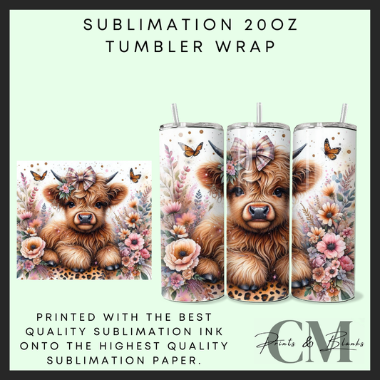 Butterfly highland cow Sublimation 20oz tumbler wrap