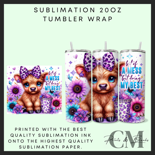 Bit of a mess highland cow Sublimation 20oz tumbler wrap