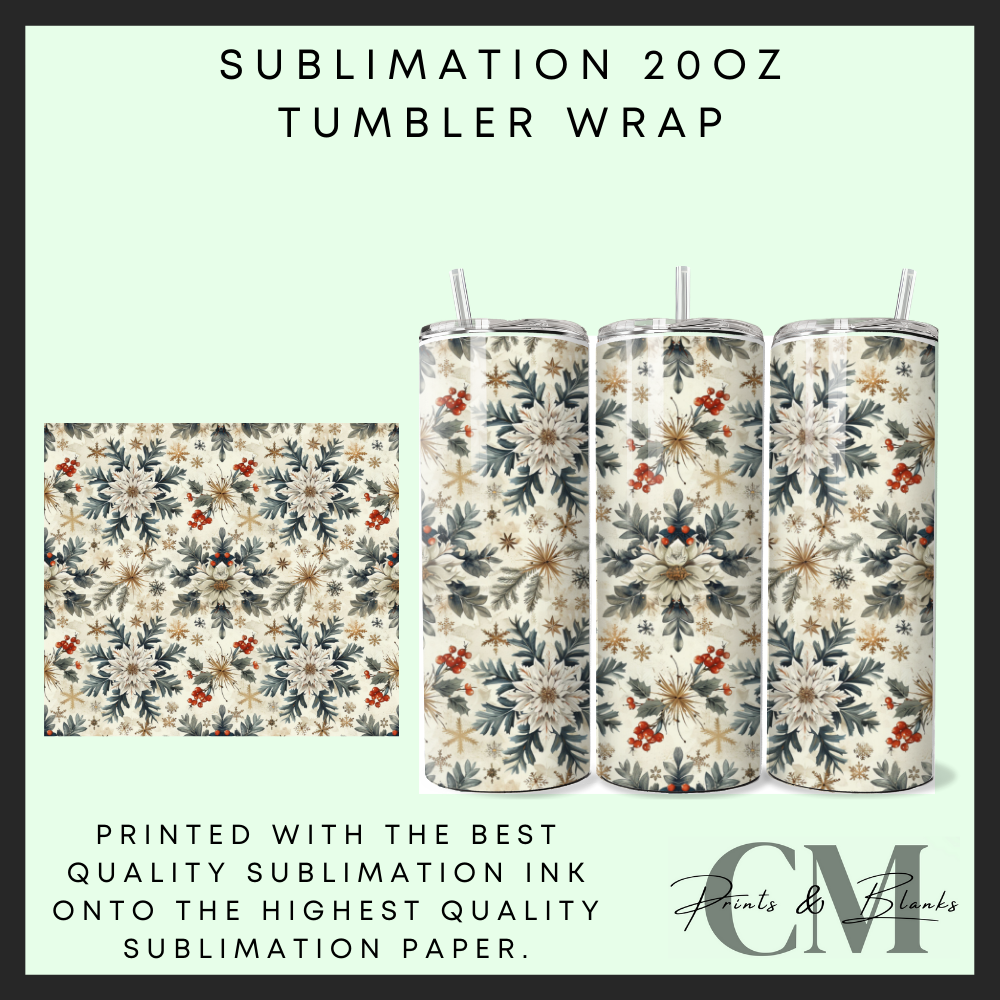 Snowflake & flowers Sublimation 20oz tumbler wrap