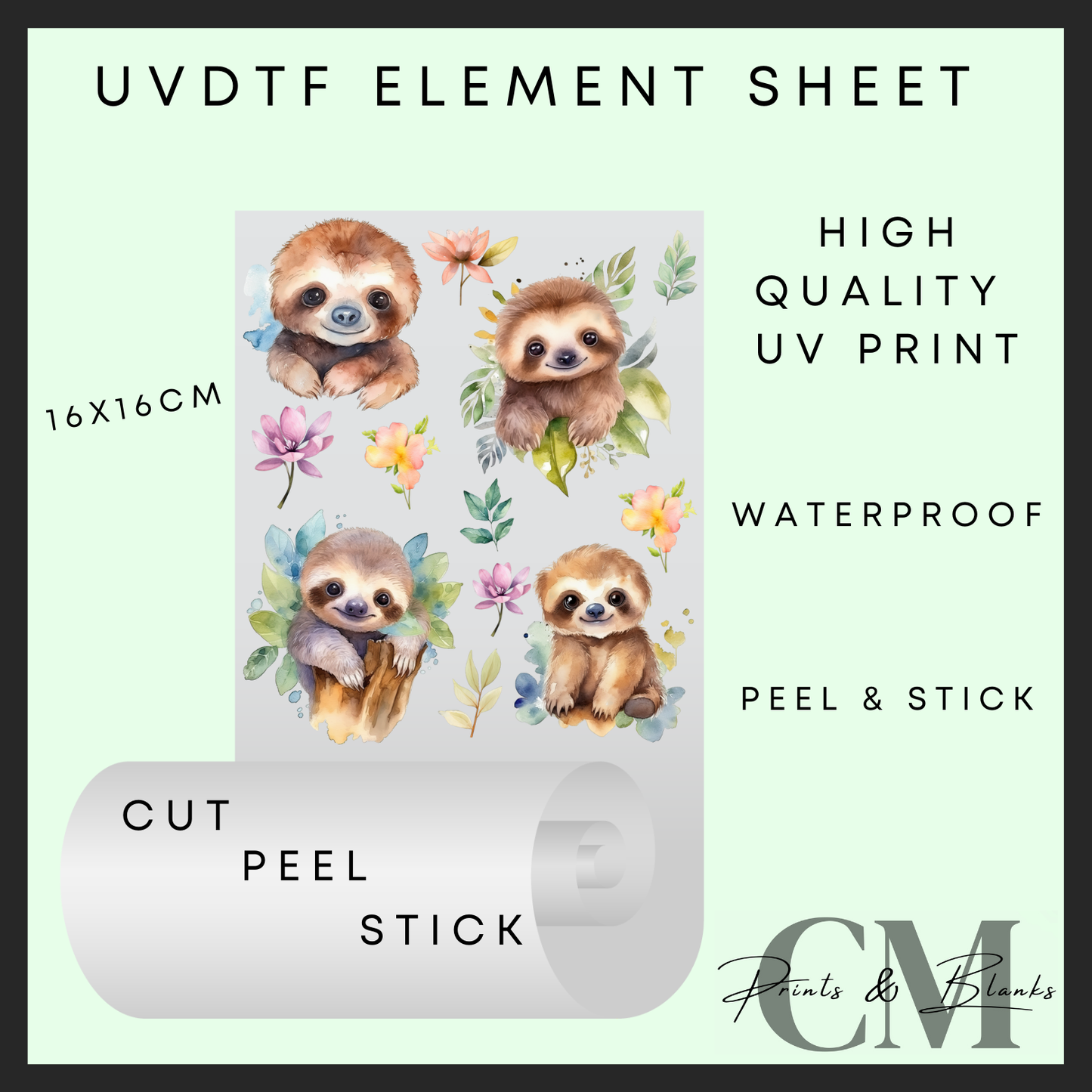 Floral sloth Uvdtf element sheet