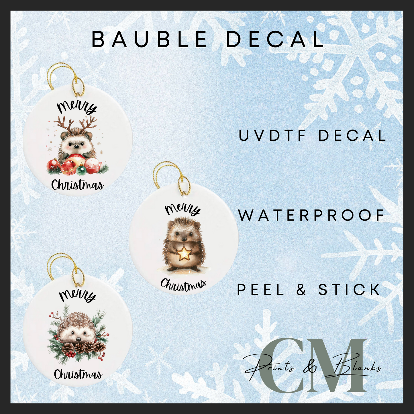 Hedgehog Christmas bauble uvdtf single decal (pack of 3) (3” / 7.62cm)