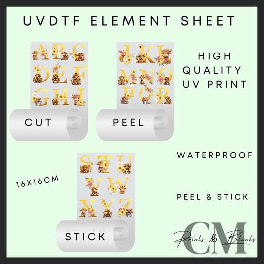 Highland cow alphabet Uvdtf element sheet