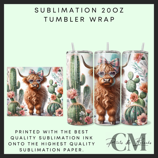 Desert highland cow Sublimation 20oz tumbler wrap