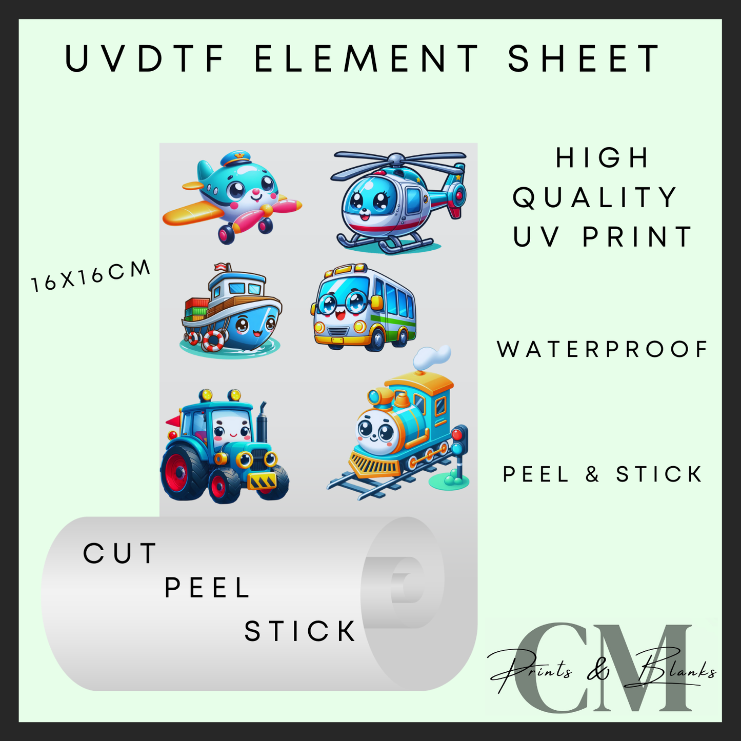 Cartoon style vehicles uvdtf element sheet