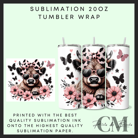 Black and pink highland cow Sublimation 20oz tumbler wrap