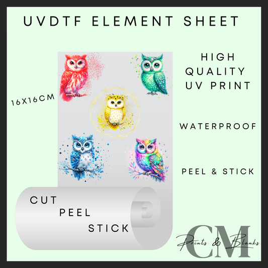 Colourful owls Uvdtf element sheet